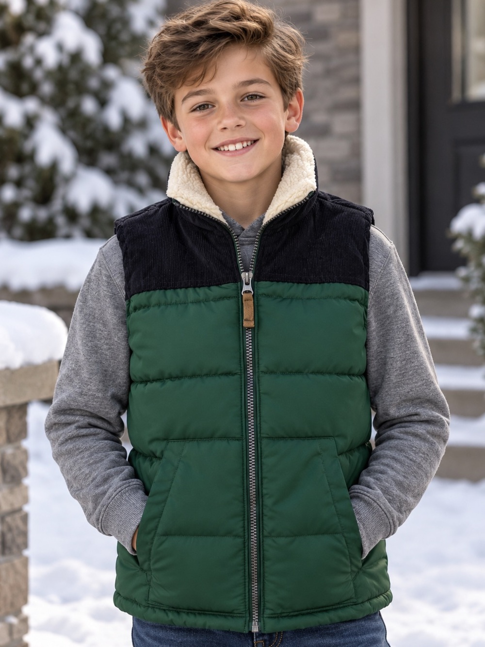 Carterโs Boys Puffer Vest | Size 12 | Forest Green & Black Corduroy
